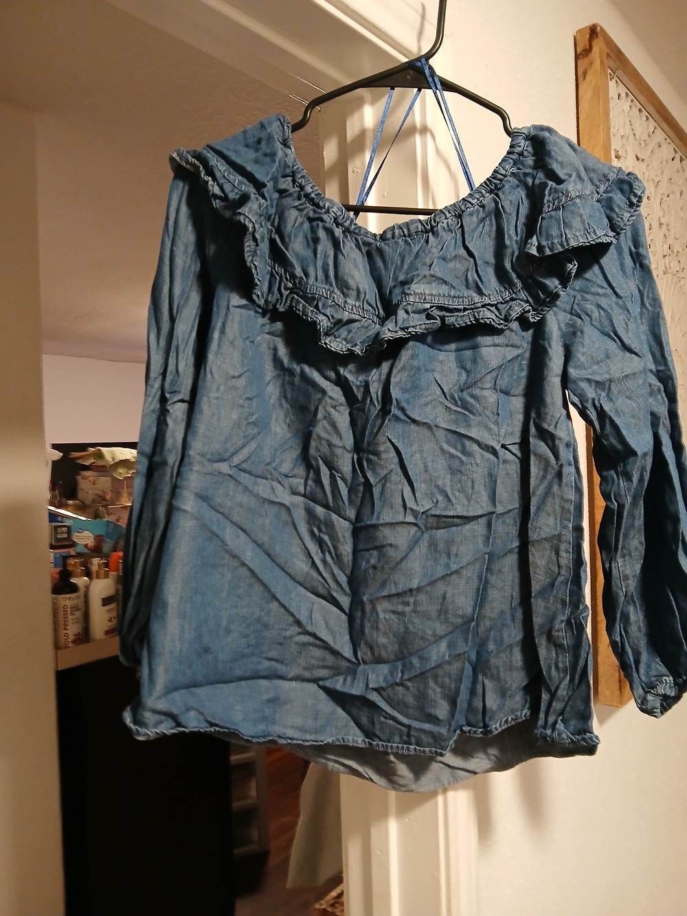Altard State Vintage Denim-Blue Off-Shoulder Ruffle Women's Blouse